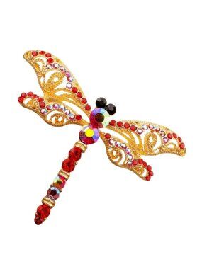 Dragonfly Brooch With Red Iridescent Crystals Gold Tone